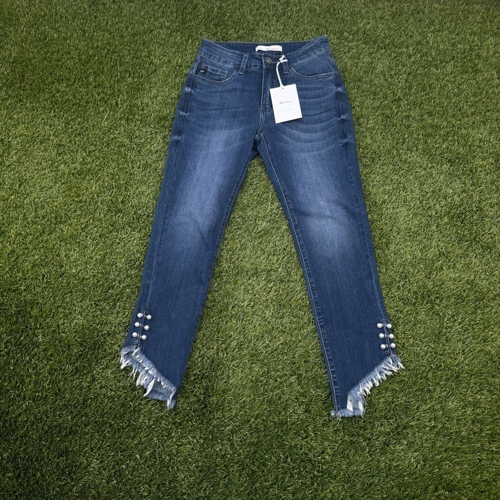 Kancan Blue Ankle Cropped Jeans with Frayed Hem and Pearl Detail - Picture 3 of 15